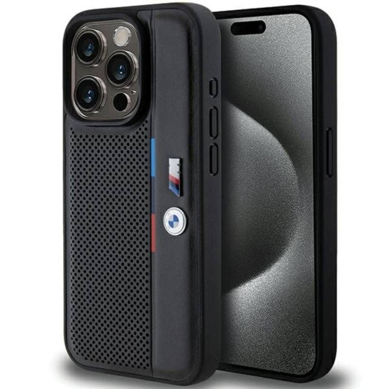 BMW Handyhülle Hardcase iPhone 15 Pro schwarz Logo Metall Kunstleder 6,1 Zoll, Kantenschutz von BMW