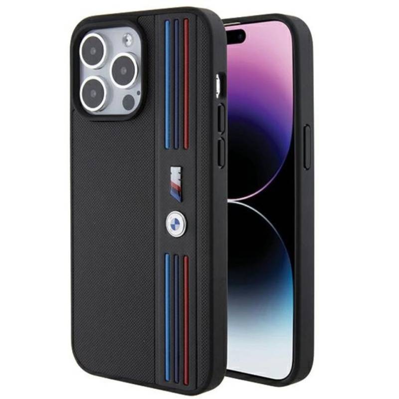 BMW Handyhülle iPhone 15 Pro Max Tricolor Kunststoff schwarz Logo Metall. 6,7 Zoll, Kantenschutz von BMW
