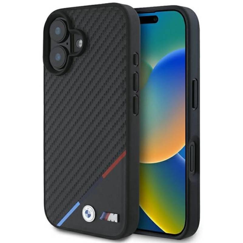 BMW Handyhülle iPhone 16 Plus Carbon-Look MagSafe Tricolor schwarz Logo Metall 6,7 Zoll, Kantenschutz von BMW