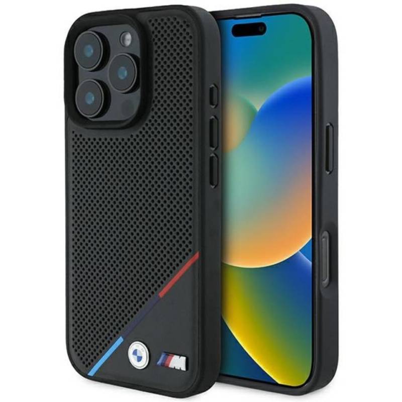 BMW Handyhülle iPhone 16 Pro Kunstleder Tricolor schwarz MagSafe Logo Metall 6,3 Zoll, Kantenschutz von BMW
