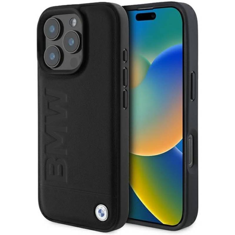 BMW Handyhülle iPhone 16 Pro Max Echtleder schwarz Logo Metall geprägt. 6,9 Zoll, Kantenschutz von BMW