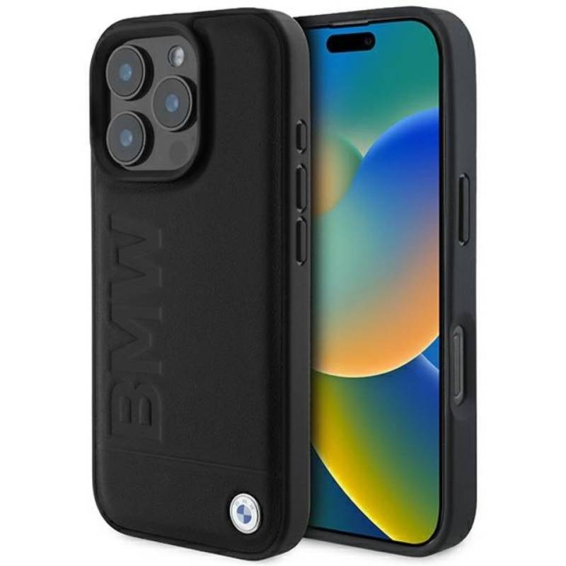BMW Handyhülle iPhone 16 Pro Max Echtleder schwarz geprägt Logo Metall MagSafe 6,9 Zoll, Kantenschutz von BMW