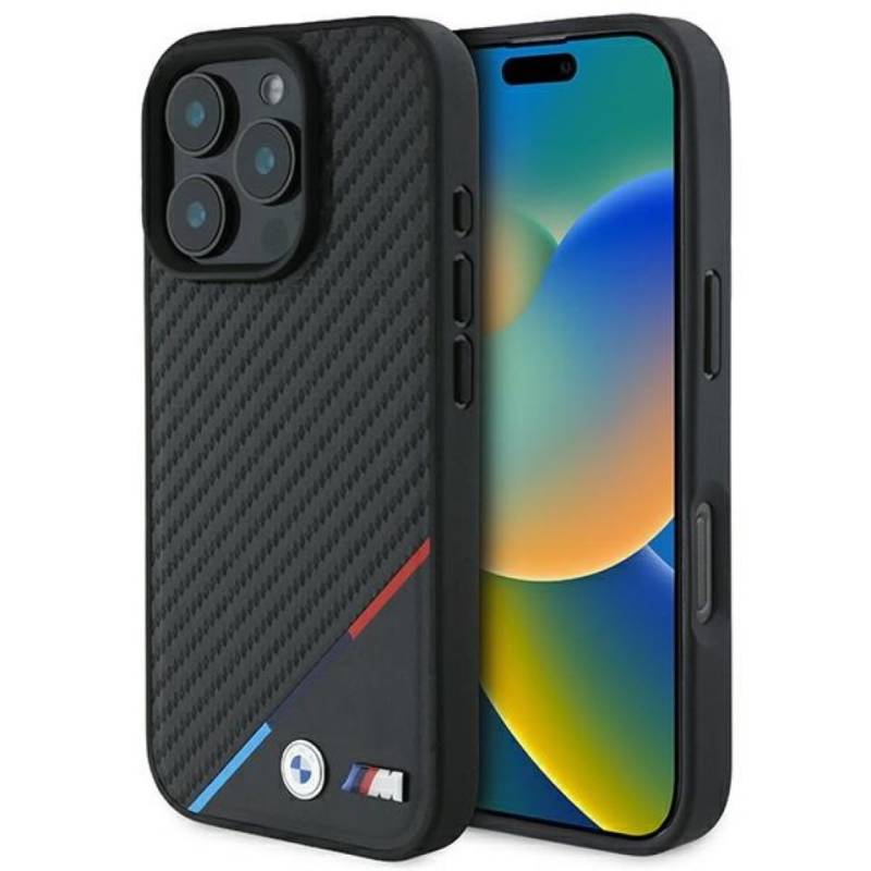 BMW Handyhülle iPhone 16 Pro Max Tricolor Carbon-Optik schwarz MagSafe 6,9 Zoll, Kantenschutz von BMW