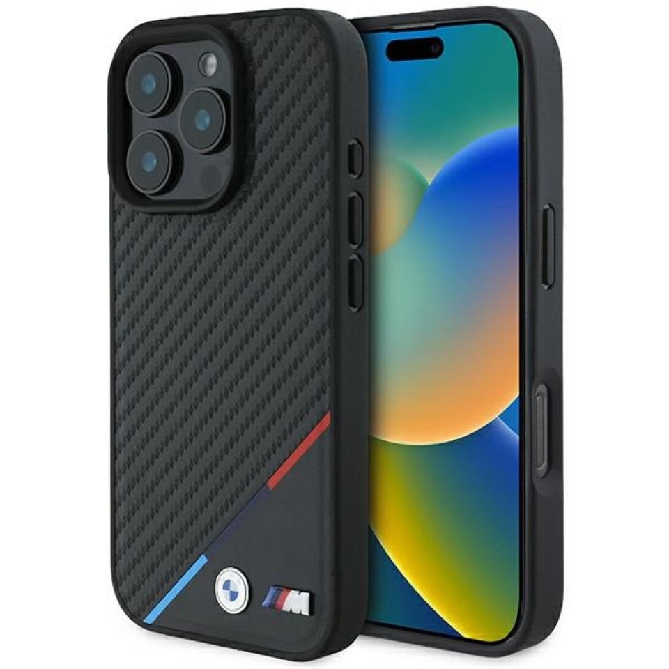 BMW Handyhülle iPhone 16 Pro Tricolor Carbon-Optik schwarz MagSafe 6,3 Zoll, Kantenschutz BMW Handyhülle iPhone 16 Pro Tricolor Carbon-Optik schwarz MagSafe 6,3 Zoll, Kantenschutz von BMW