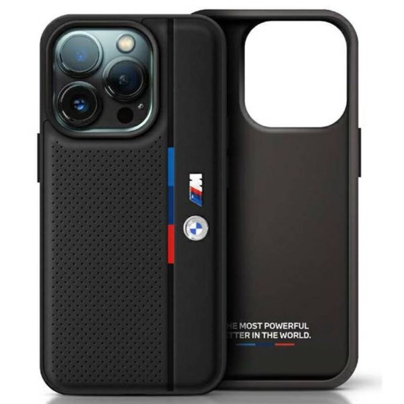 BMW Handyhülle iPhone 16 Pro Tricolor Kunstleder gelocht schwarz 6,3 Zoll, Kantenschutz von BMW