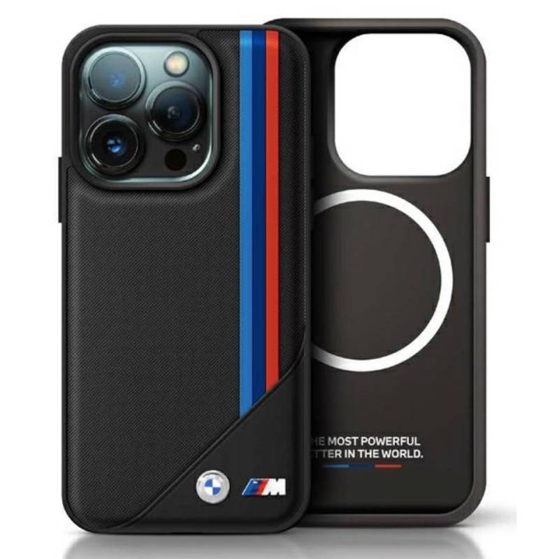 BMW Handyhülle iPhone 16 Pro schwarz geriffelt Tricolor Logo Metall MagSafe 6,3 Zoll, Kantenschutz von BMW