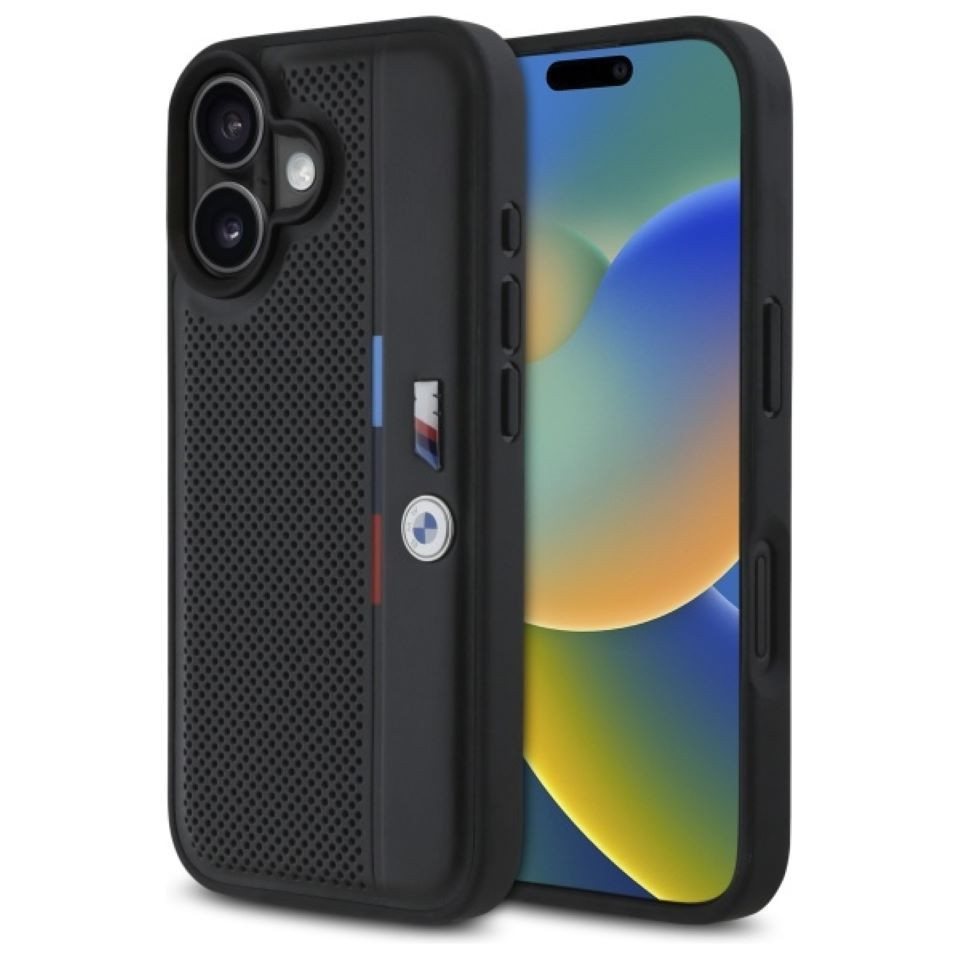 BMW Handyhülle iPhone 16 Tricolor Kunstleder gelocht schwarz 6,1 Zoll, Kantenschutz BMW Handyhülle iPhone 16 Tricolor Kunstleder gelocht schwarz 6,1 Zoll, Kantenschutz von BMW