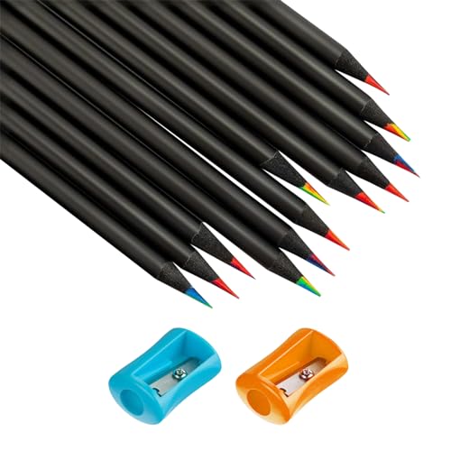 BNOYONERAS 12 Stücke Schwarze Hölzerne Regenbogenstifte, Mehrfarbige Bleistifte, Dicke Buntstifte für Erwachsene, Farbstifte mit 2 Spitzer, Buntstifte 7 in 1, für Zeichnung, Skizzieren, Färbung von BNOYONERAS