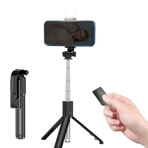 Selfie Stick Stativ Ausziehbares Handy Stativ Bluetooth Selfie Stick Stativ 360°Rotation Selfiestick mit Fernbedienung Handy Selfie-Stange und Tragbar Monopod Handyhalter mit Fülllicht, Schwarz,67 cm von BNOYONERAS