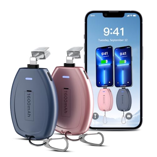 1600mAh Power Pod für iPhone, Eingebauter Mini Power Emergency Pod (iOS), Schlüsselanhänger tragbares Ladegerät, externes Schnelllade-Powerbank-Akkupack kompatibel für iPhone(2 pcs) rosa&blau von BOANV