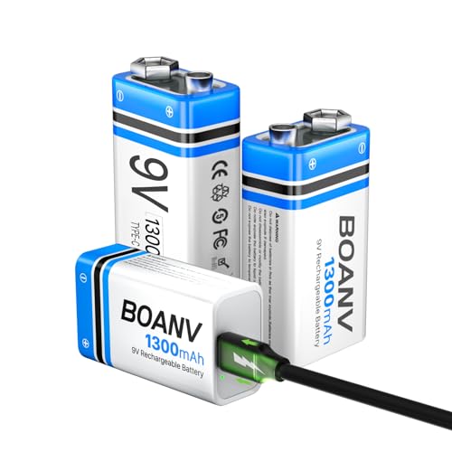 9V Akku Block Wiederaufladbare, 1300mAh 9V Lithium-ionen Batterie, Micro USB Ladegerät mit 2-in-1 Ladekabel für Rauchmelder, Alarme Tastatur Mikrofon (3 Stück) von BOANV