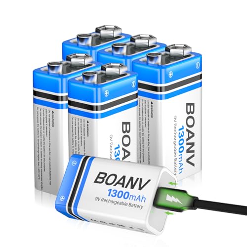 9V Akku Block Wiederaufladbare, 1300mAh 9V Lithium-ionen Batterie, Micro USB Ladegerät mit 2-in-1 Ladekabel für Rauchmelder, Alarme Tastatur Mikrofon (6 Stück) von BOANV