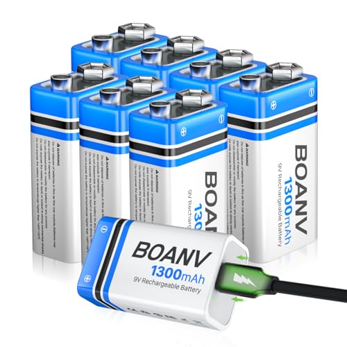 9V Akku Block Wiederaufladbare, 1300mAh 9V Lithium-ionen Batterie, Micro USB Ladegerät mit 2-in-1 Ladekabel für Rauchmelder, Alarme Tastatur Mikrofon (8 Stück) von BOANV