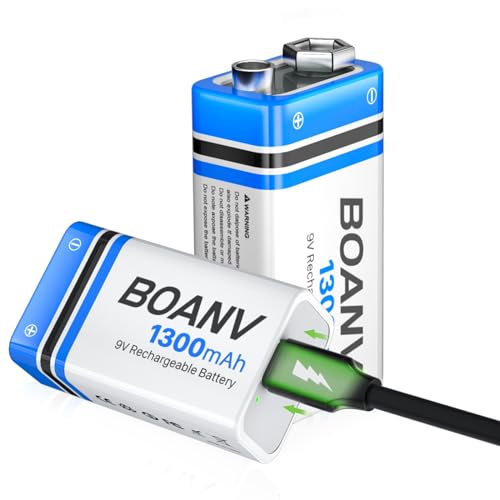 9V Akku Block Wiederaufladbare, 1300mAh 9V Lithium-ionen Batterie, Micro USB Ladegerät mit 2-in-1 Ladekabel für Rauchmelder, Alarme Tastatur Mikrofon 2 Stück von BOANV