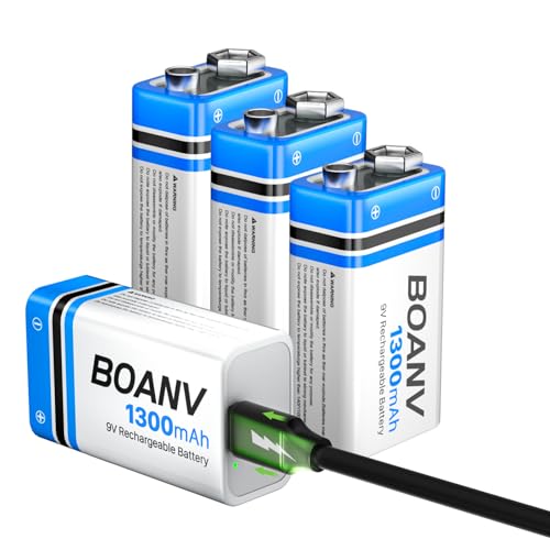 9V Akku Block Wiederaufladbare, 1300mAh 9V Lithium-ionen Batterie, Micro USB Ladegerät mit 2-in-1 Ladekabel für Rauchmelder, Alarme Tastatur Mikrofon 4 Stück von BOANV