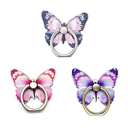 Handy Ring Halter, 3 Stück 360 Grad Drehung Fingerringgriff Ständer Kompatibel für Verschiedene Handys Smartphones Niedliches Schmetterlingsmuster Bemalter Fingerständer Handgriff mit Knaufschlaufe von BOBOZHONG