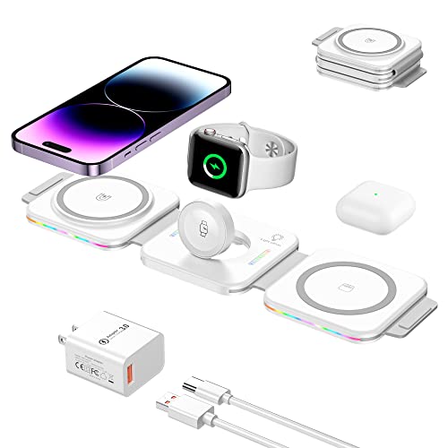 BOCLOUD 3 in 1 Magnetische Kabellose Ladestation, Mag-Safe ladegerät [Faltbar & Tragbar & Buntes Licht] Wireless Charging Ladepad für iPhone 14/13/12/11/XR/8 Serie,Samsung S22/21/20, iWatch, AirPods von BOCLOUD