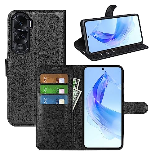 BOCTECH Hülle für Honor 90 Lite, Handyhülle PU Leder Klappbar Schutzhülle Klapphülle mit Ständer, Kartenfach, Magnetschnalle Stoßfest Flip Cover Case Tasche für Honor 90 Lite, Schwarz von BOCTECH