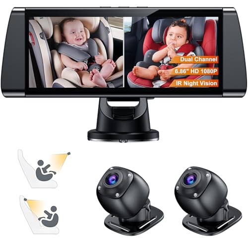 BOEYOS Baby-Autokamera, Dual-K-Display mit 17,4 cm (6,8 Zoll) Display mit 2 IR-Nachtsichtkameras, Nachtsicht, breite klare Sicht, leicht zu beobachten die Bewegung des Babys, sicheres Fahren für von BOEYOS