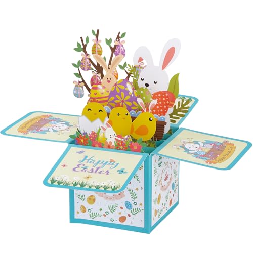 BOFUNX 3D Osterkarte Pop up Karte Ostern Grußkarte Happy Easter Osterhasen Ostereier Blumen Ostern Geschenkkarte mit Umschlag Karte für Kinder von BOFUNX