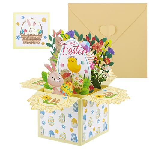 BOFUNX 3D Pop Up Osterkarten Ostern Grußkarte Glückwunschkarten mit Umschlag Karten Osterhasen Ostereier Ostern Hühner Blumen Geschenkkarte für Familie Kollegen Freunde Kinder von BOFUNX