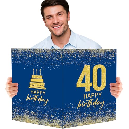 BOFUNX 40. Geburtstagskarte Happy Birthday Geburtstagskarte Groß 55x35cm Blaugold Gästebuch Karten Grußkarte Geburtstag für Kinder Erwachsener Frauen Männer von BOFUNX