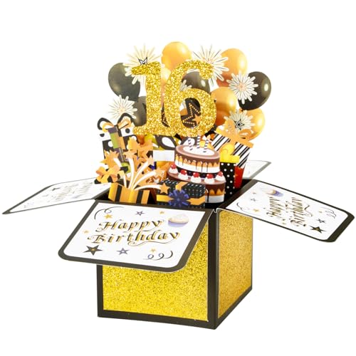 BOFUNX Geburtstag Karte zum 16. Geburtstag Pop up 3D Happy Birthday Grußkarte Geburtstagskarte Kreative Geburtstagsgeschenk für Familie und Freunden (Gold-16 Jahre) von BOFUNX
