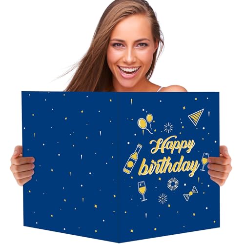 BOFUNX Geburtstagskarte Happy Birthday Groß 55x35cm Blaugold Geburtstagskarten Gästebuch Karten Grußkarte Geburtstag für Kinder Erwachsener Frauen Männer von BOFUNX