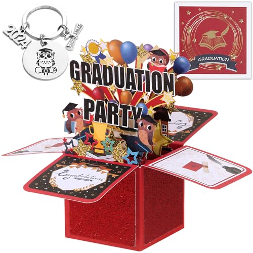 BOFUNX Pop Up Karte zur Graduation Party Abschluss mit Schlüsselanhänger 3D Grußkarte Glückwunschkarte Bestandene Prüfung Geschenk für Abi Bachelor Master Doktor Graduation Party von BOFUNX