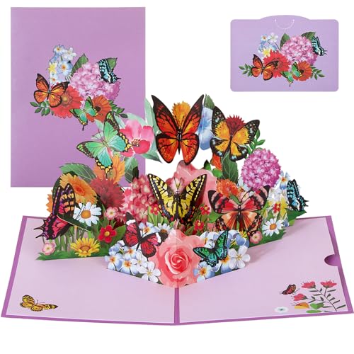 BOFUNX Pop up Karte Schmetterlinge auf Blumen 3D Blumenkarte Grußkarte Glückwunschkarte Kreative Geburtstagsgeschenk für Familie und Freunden von BOFUNX