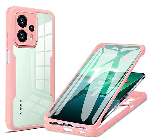 BOKYAS 360 Grad Hülle für Xiaomi Poco F5 5G Crystal Anti-Gelb Case, Ganzkörper Stoßfeste Handyhülle mit eingebauter Displayschutzfolie, Silikon Bumper Schutzhülle, Rosa von BOKYAS