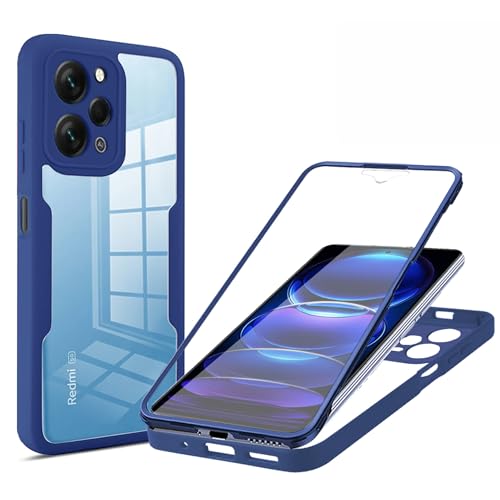 BOKYAS 360 Grad Hülle für Xiaomi Redmi 12 4G/Redmi 12 5G Crystal Anti-Gelb Case, Ganzkörper Stoßfeste Handyhülle mit eingebauter Displayschutzfolie, Silikon Bumper Schutzhülle, Blau von BOKYAS