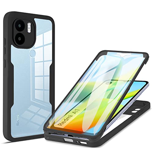 BOKYAS 360 Grad Hülle für Xiaomi Redmi A1 Crystal Anti-Gelb Case, Ganzkörper Stoßfeste Handyhülle mit eingebauter Displayschutzfolie, Silikon Bumper Schutzhülle, Schwarz von BOKYAS