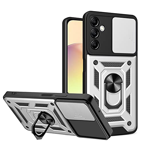 BOKYAS Armor Hülle für Samsung Galaxy A14 (4G/5G) mit Slide Kameraschutz Cover und Ring Ständer [Handyhülle Kompatibel Mit Auto Magnet] Militärischer Stoßfeste Case, Silber von BOKYAS