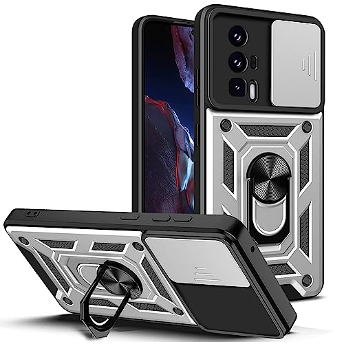 BOKYAS Armor Hülle für Xiaomi Poco F5 Pro 5G mit Slide Kameraschutz Cover und Ring Ständer [Handyhülle Kompatibel Mit Auto Magnet] Militärischer Stoßfeste Case, Silber von BOKYAS