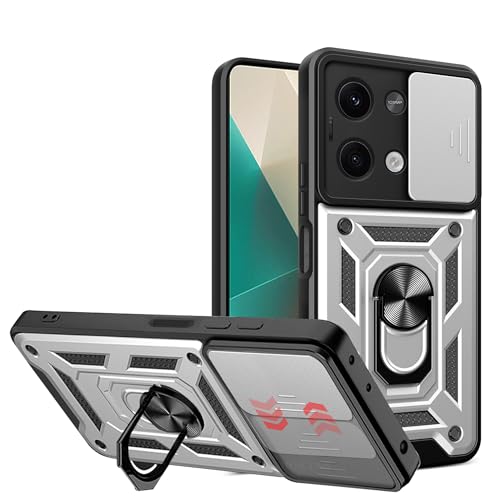 BOKYAS Armor Hülle für Xiaomi Redmi Note 13 5G mit Slide Kameraschutz Cover und Ring Ständer [Handyhülle Kompatibel Mit Auto Magnet] Militärischer Stoßfeste Case, Silber von BOKYAS