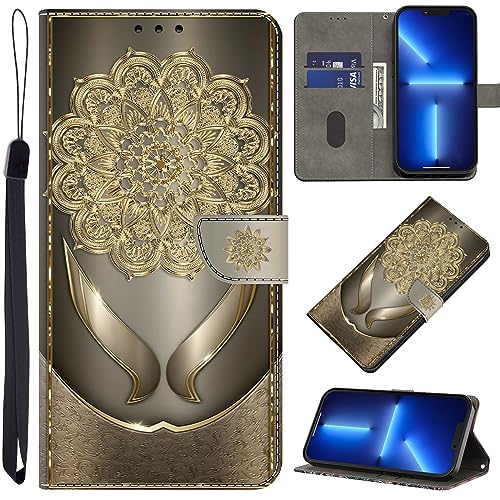 BOLELAW Handyhülle für Samsung Galaxy S21 FE Hülle, Muster PU Leder Wallet Flip CaSe mit [StoßSchutz TPU] [Standing Function] [KartenSteckplätzen] für Samsung S21 FE Schutzhülle,Goldene Blume von BOLELAW