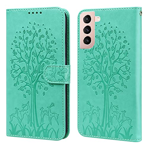 BOLELAW Handyhülle für Samsung Galaxy S21 Hülle,[Magnetschnalle][Kartensteckplatz][Halterungsfunktion],PU Leder Baum Schutzhülle Flip Case für Samsung Galaxy S21 (Grün) von BOLELAW