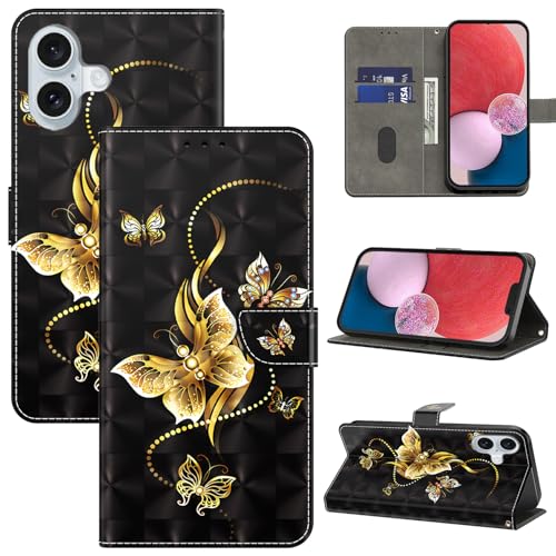 BOLELAW Handyhülle für iPhone 16 Hülle Leder Flip Klappbare Stoßfeste [Premium PU Leder] [Standfunktion] [Kartenfächern] Schutzhülle Klapphülle für iPhone 16, Golden Butterfly von BOLELAW