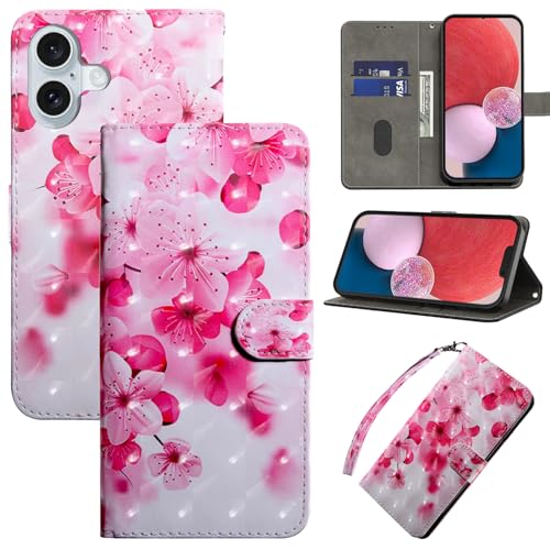 BOLELAW Handyhülle für iPhone 16 Hülle Leder Flip Klappbare Stoßfeste [Premium PU Leder] [Standfunktion] [Kartenfächern] Schutzhülle Klapphülle für iPhone 16, Kirschblüten von BOLELAW