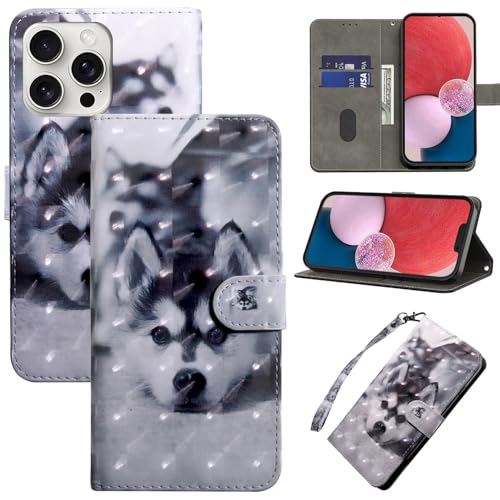 BOLELAW Handyhülle für iPhone 16 Pro Hülle Leder Flip Klappbare Stoßfeste [Premium PU Leder] [Standfunktion] [Kartenfächern] Schutzhülle Klapphülle für iPhone 16 Pro, Husky von BOLELAW