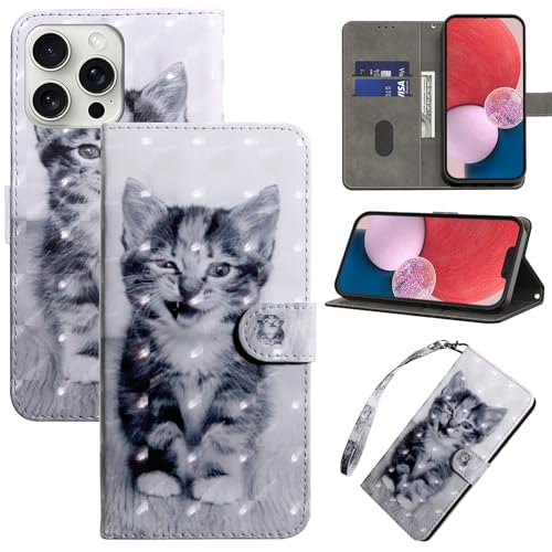 BOLELAW Handyhülle für iPhone 16 Pro Hülle Leder Flip Klappbare Stoßfeste [Premium PU Leder] [Standfunktion] [Kartenfächern] Schutzhülle Klapphülle für iPhone 16 Pro, Smiley Katze von BOLELAW