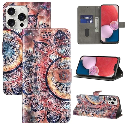 BOLELAW Handyhülle für iPhone 16 Pro Max Hülle Leder Flip Klappbare Stoßfeste [Premium PU Leder] [Standfunktion] [Kartenfächern] Schutzhülle Klapphülle für iPhone 16 Pro Max, Mandala von BOLELAW