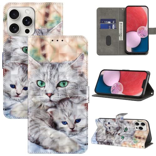 BOLELAW Handyhülle für iPhone 16 Pro Max Hülle Leder Flip Klappbare Stoßfeste [Premium PU Leder] [Standfunktion] [Kartenfächern] Schutzhülle Klapphülle für iPhone 16 Pro Max, Zwei Katzen von BOLELAW