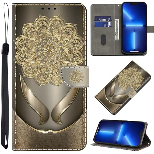 BOLELAW Hülle fü iPhone 15 Pro mit [Magnetverschluss] [Flip-Funktion] [Kartenfächern] Flip Case Leder iPhone 15 Pro Schutzhülle Stylische Klapphülle, Glänzende Goldblumen von BOLELAW