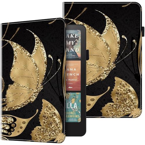 BOLELAW Hülle für 7" Kindle Paperwhite (12th Generation-2024) und Kindle Colorsoft Signature Edition 2024 PU Leder Folio Case mit Kartenschlitz, Standfunktion Klapphülle, Goldschmetterling von BOLELAW