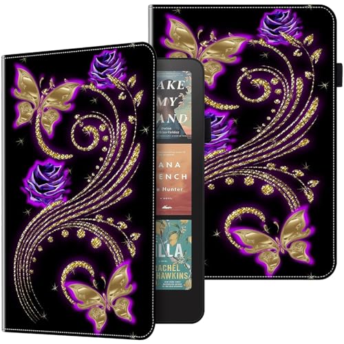 BOLELAW Hülle für 7" Kindle Paperwhite (12th Generation-2024) und Kindle Colorsoft Signature Edition 2024 PU Leder Folio Case mit Kartenschlitz, Standfunktion Klapphülle, Lila Blume & Kingdee von BOLELAW