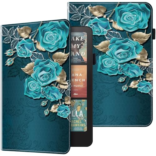 BOLELAW Hülle für 7" Kindle Paperwhite (12th Generation-2024) und Kindle Colorsoft Signature Edition 2024 PU Leder Folio Case mit Stifthalter, Kartenschlitz, Standfunktion Klapphülle, Blaue Rose von BOLELAW