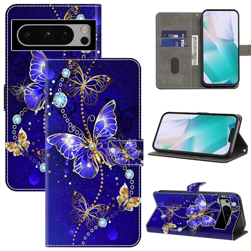 BOLELAW Hülle für Google Pixel 8 Pro mit [Magnetverschluss] [Flip-Funktion] [Kartenfächern] Flip Case Leder Pixel 8 Pro Schutzhülle Stylische Klapphülle, Diamant-Schmetterling von BOLELAW