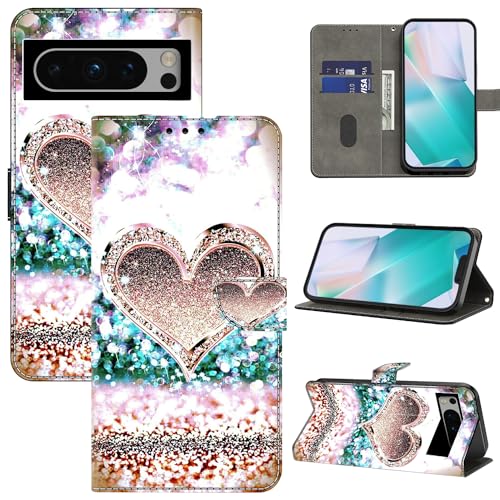 BOLELAW Hülle für Google Pixel 8 Pro mit [Magnetverschluss] [Flip-Funktion] [Kartenfächern] Flip Case Leder Pixel 8 Pro Schutzhülle Stylische Klapphülle, Funkelndes Herz von BOLELAW